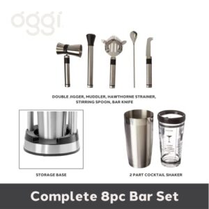 OGGI Compact Stainless Steel 8-Piece Bar Tool Set- Bartender Kit w/Stand, Stainless Steel Cocktail Set, Ideal Bar Accessories, Barware Set is Perfect for Bar Cart or Home Bar