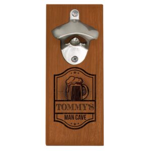 engraved wooden wall mounted beer bottle opener with magnetic cap catcher gift for him, man cave, husband - personalized with pub style (walnut)