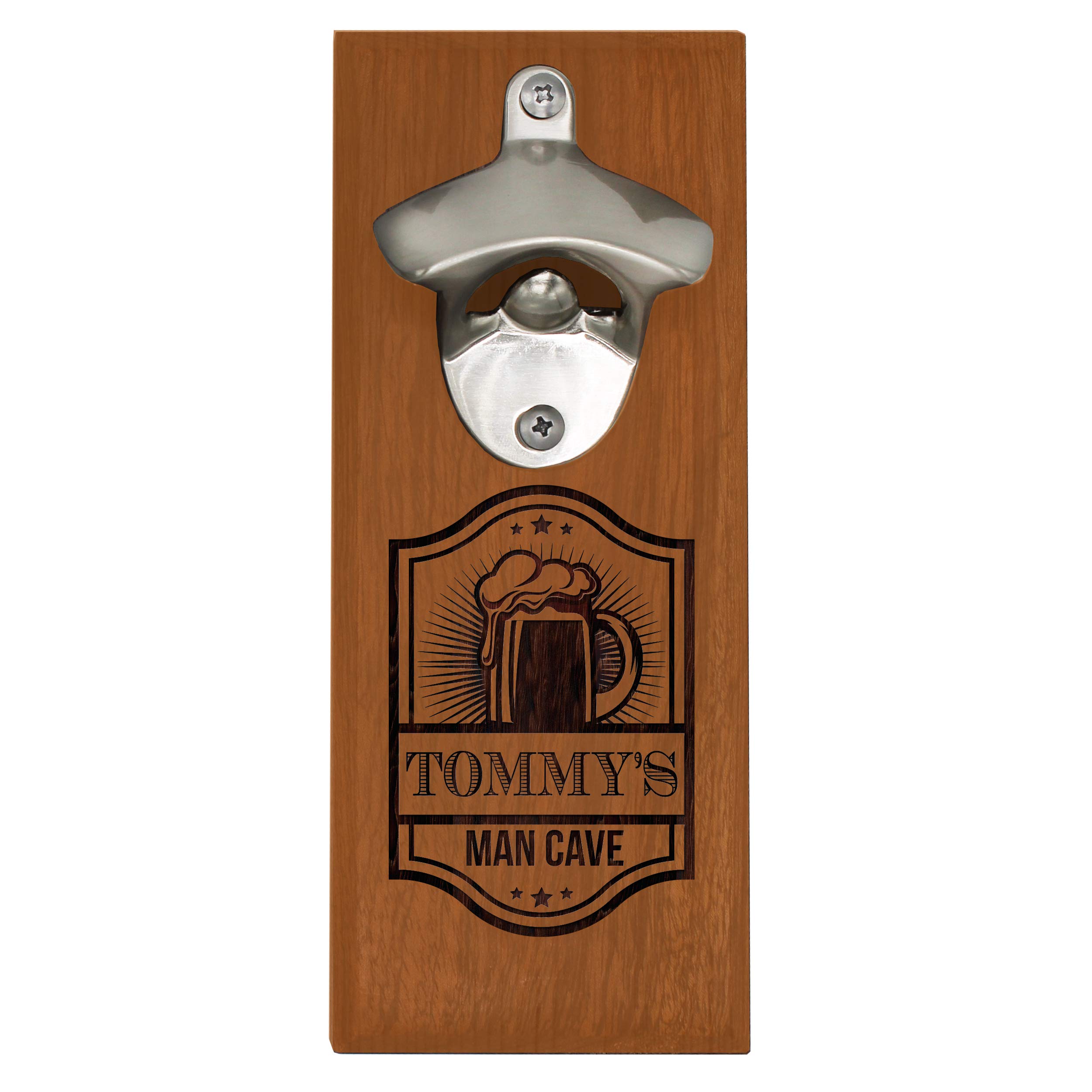 Engraved Wooden Wall Mounted Beer Bottle Opener with Magnetic Cap Catcher Gift for Him, Man Cave, Husband - Personalized with Pub Style (Walnut)