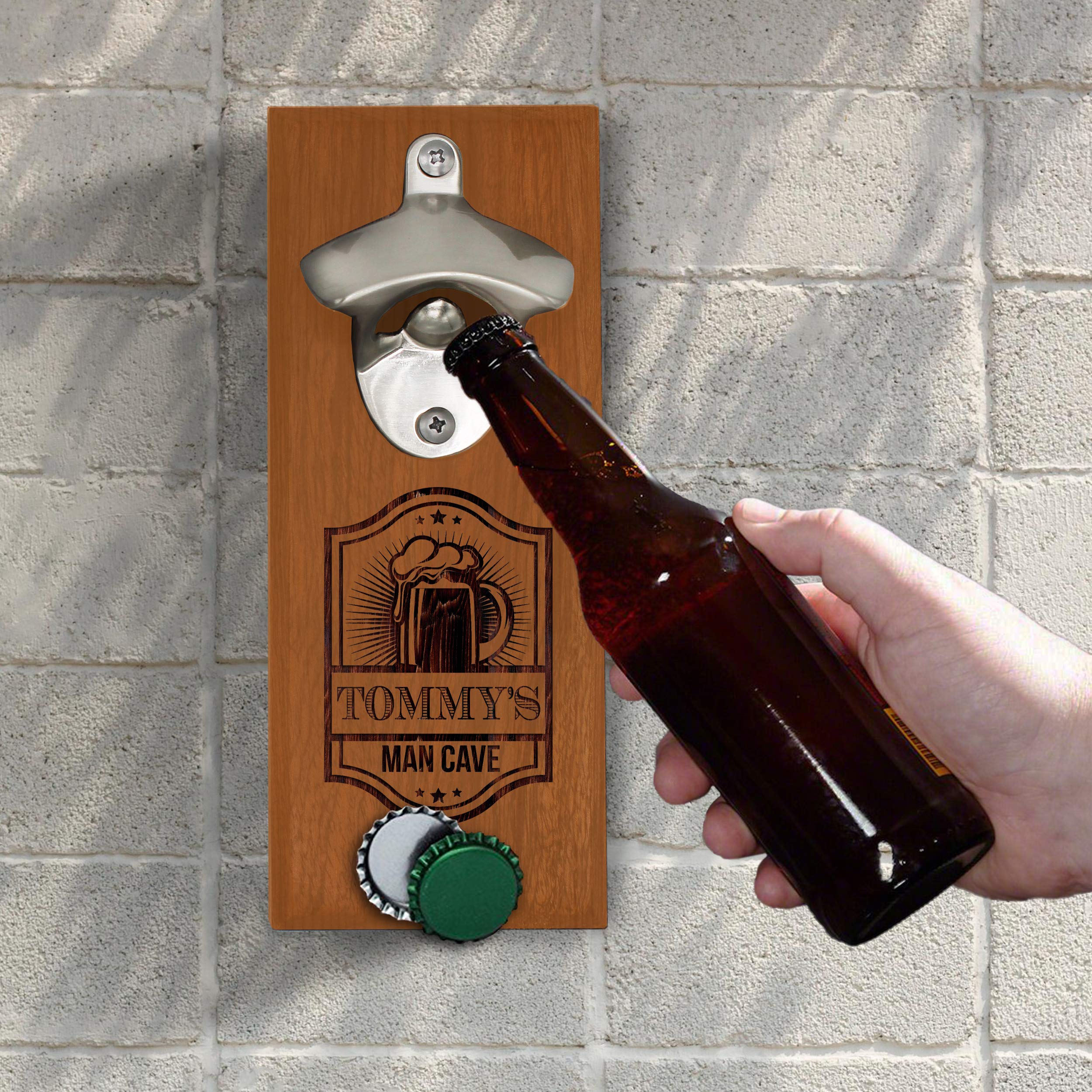 Engraved Wooden Wall Mounted Beer Bottle Opener with Magnetic Cap Catcher Gift for Him, Man Cave, Husband - Personalized with Pub Style (Walnut)