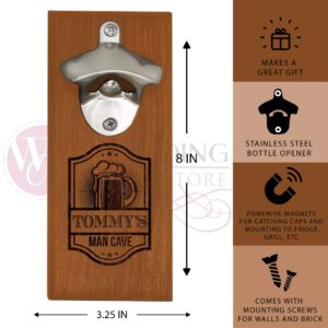 Engraved Wooden Wall Mounted Beer Bottle Opener with Magnetic Cap Catcher Gift for Him, Man Cave, Husband - Personalized with Pub Style (Walnut)