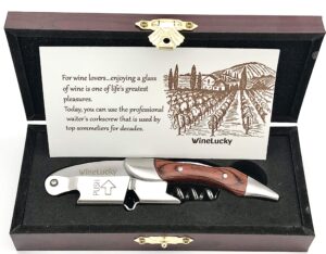 wood handle wine bottle corkscrew opener in a wooden box. heavy duty sommelier corkscrew stainless steel with rosewood & foil cutter. an elegant gift for wine lovers & waiters. (brown, rosewood)