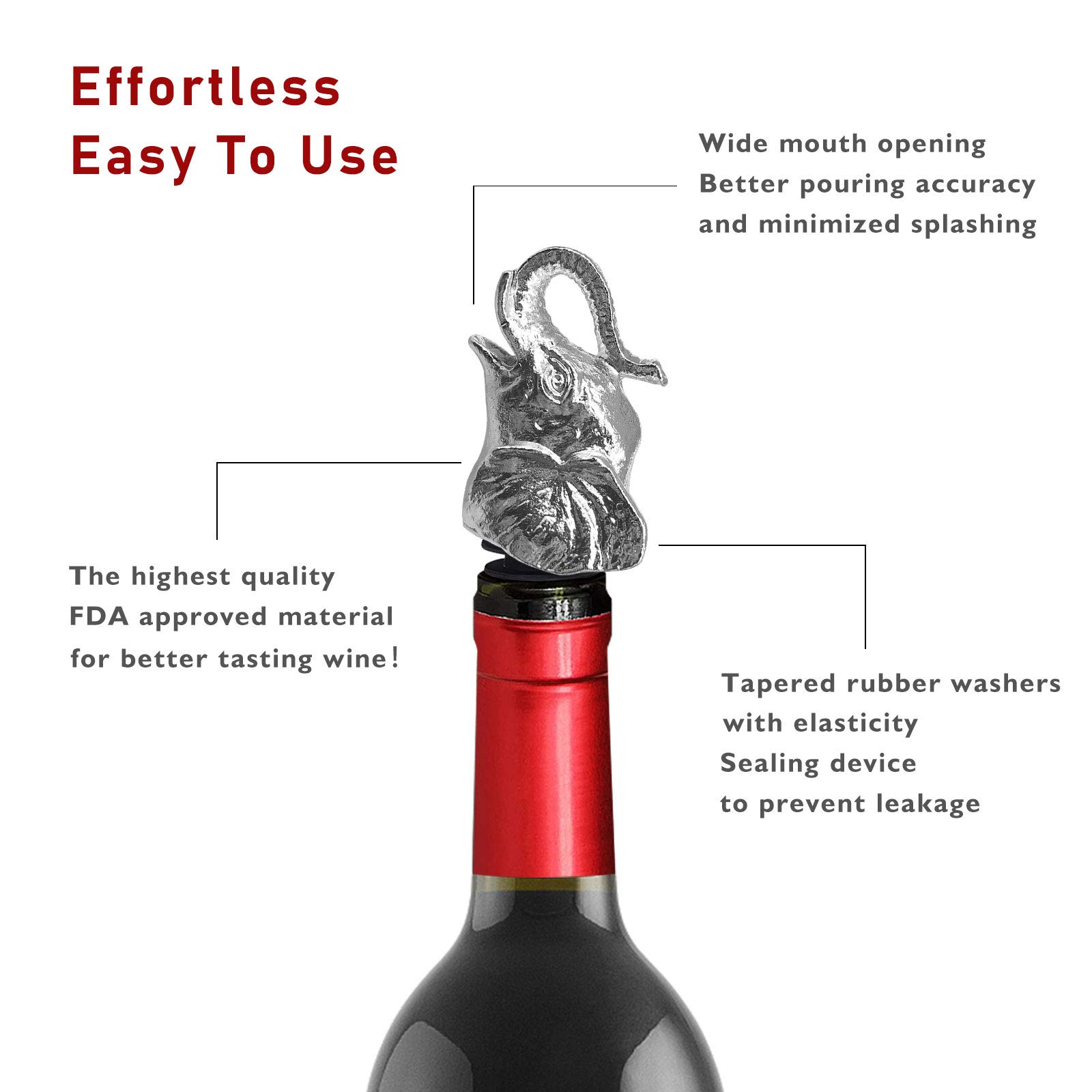 Stainless Steel Elephant Wine Pourer - wine aerators pourer for Robust Red and White Wine - Pour Amore Bottle Pourer/Stopper & Wine Air Diffuser (Silver elephant)