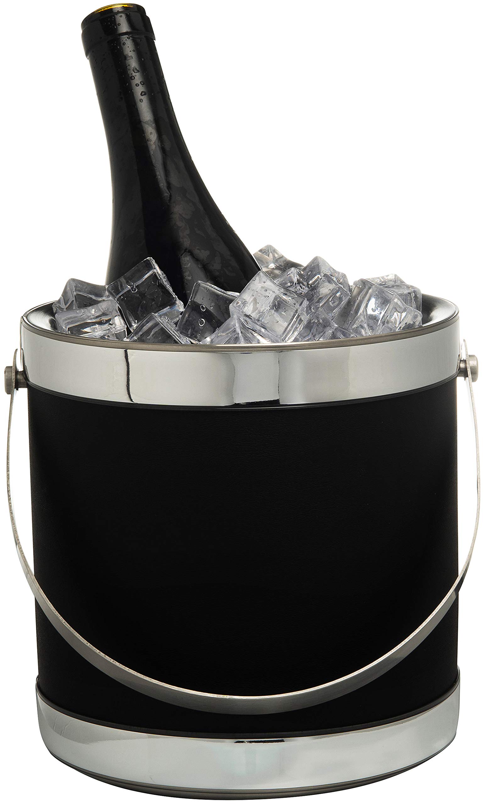 Hand Made In USA Black Wrap Double Walled 3-Quart Insulated Ice Bucket With Ice Tongs (Leatherette Collection)