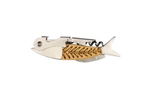 sterling brooke wine key, stainless steel with wooden handle bones design, serrated foil cutter