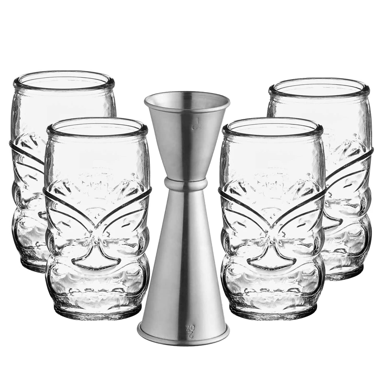 Pack of 4 Tiki Glasses 13 oz. with 1 oz. & 2 oz. Stainless Steel Japanese Jigger for Bartending - Unique Glasses for Cocktail, Juice, Lemonade, Water (Set of 4 Glassware + 1 Japanese Jigger)