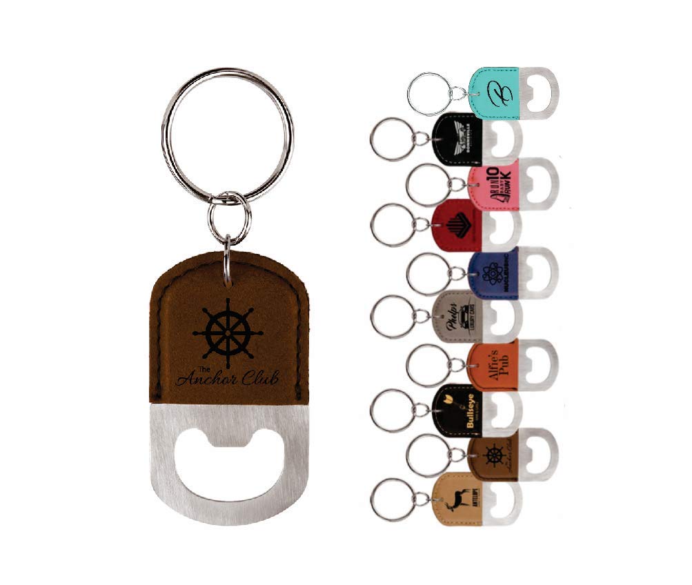 Personalized Leather Bottle Opener Key Chain Laser Engraved (Brown) Front Engraved