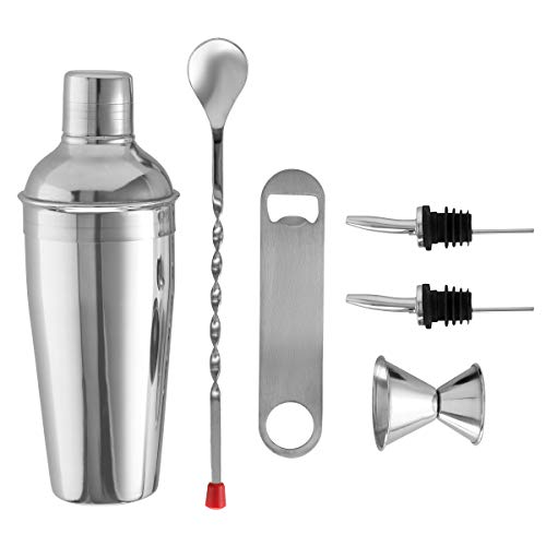 FineDine Expert Cocktail Shaker Home Bar Tool Set Stainless Steel Bar Set with Shaking Tin, Bar Spoon, Double Jigger, 2 Stainless Steel Bottle Pourers, Tapered Spout, and Flat Bottle Opener (6 Piece)