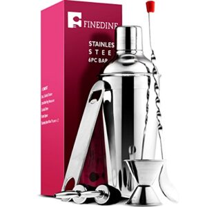 finedine expert cocktail shaker home bar tool set stainless steel bar set with shaking tin, bar spoon, double jigger, 2 stainless steel bottle pourers, tapered spout, and flat bottle opener (6 piece)