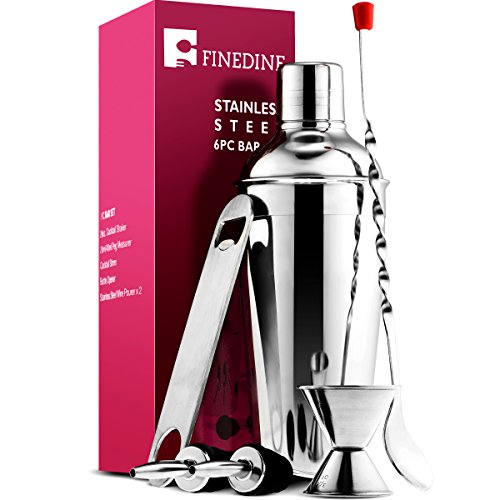 FineDine Expert Cocktail Shaker Home Bar Tool Set Stainless Steel Bar Set with Shaking Tin, Bar Spoon, Double Jigger, 2 Stainless Steel Bottle Pourers, Tapered Spout, and Flat Bottle Opener (6 Piece)