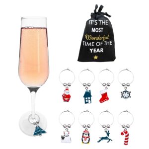 cork & leaf christmas holiday wine glass charms - festive drink markers for your celebrations, stocking stuffers & gifts -set of 9