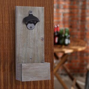 Satauko Bottle Opener with Cap Catcher, Wooden Wall Mounted Beer Bottle Opener for Kitchen, Metal Beer Opener for Bar Decoration.(Gray)