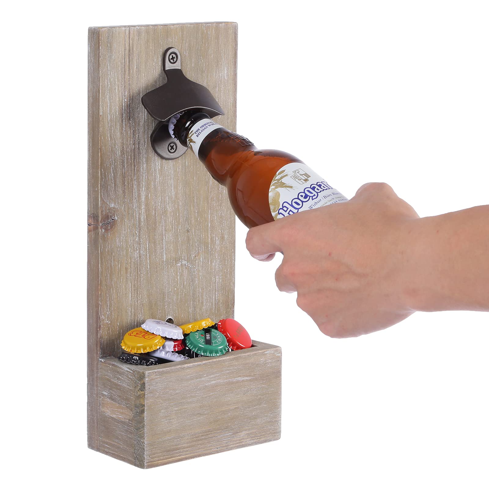 Satauko Bottle Opener with Cap Catcher, Wooden Wall Mounted Beer Bottle Opener for Kitchen, Metal Beer Opener for Bar Decoration.(Gray)