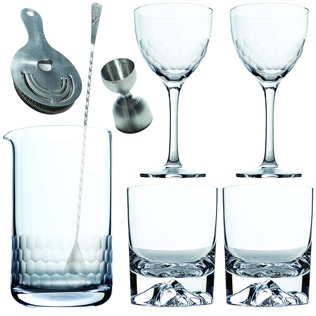 Amehla Cocktail Mixing Glass Bar Starter Kit: 8 Piece Mixology Bar Set with Bar Tools and Glasses - Home Bartending Kit with 2 Mountain Whiskey and 2 Honeycomb Nick and Nora Drinking Glasses