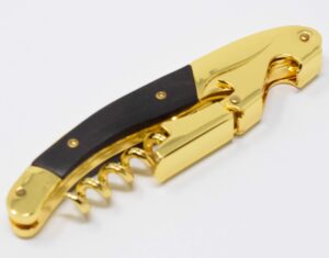 gold and black corkscrew wood handle double hinge waiters wine bottle opener