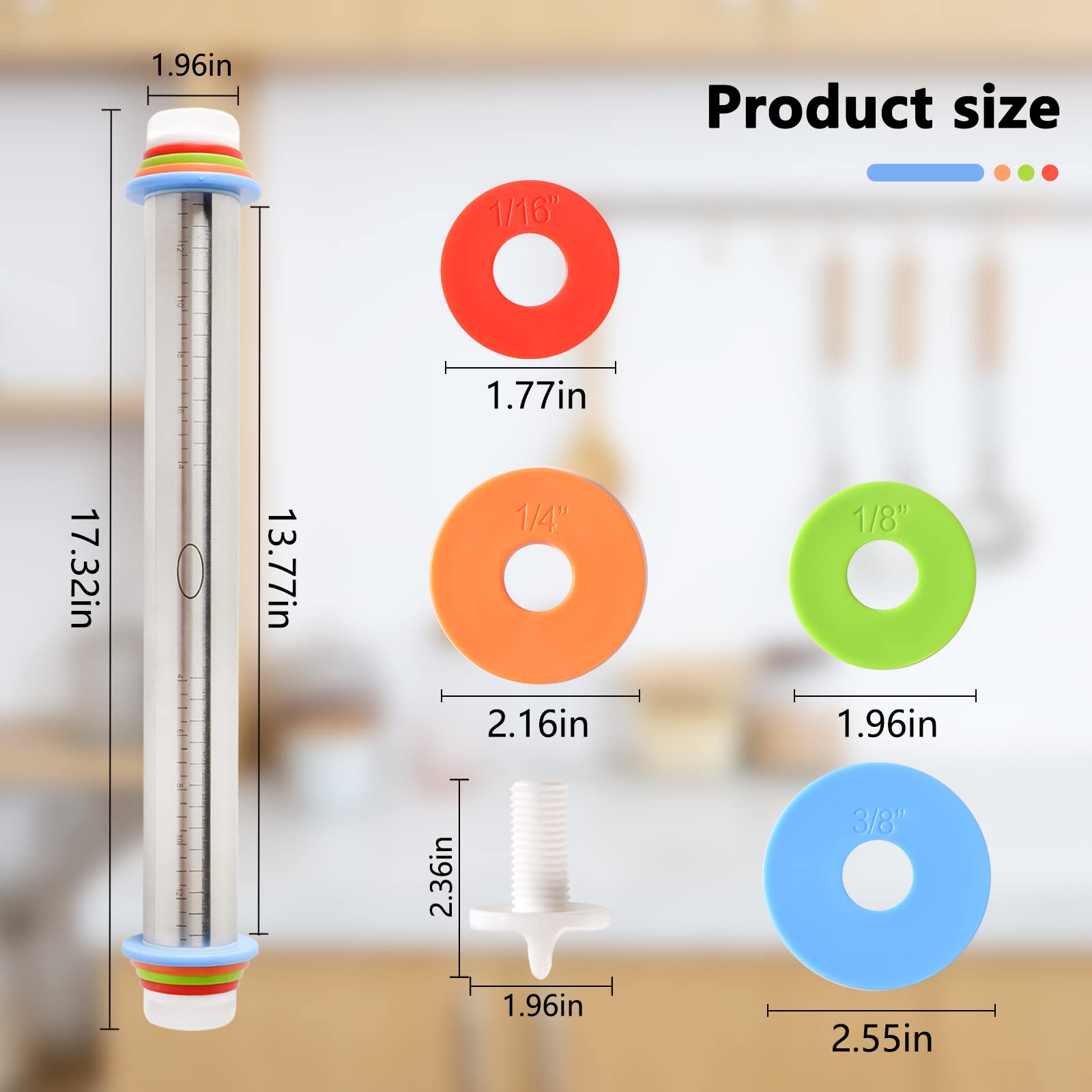 Adjustable Rolling Pin With 4 Thickness Rings, Stainless Steel Dough Roller Pizza Roller Handle Press Design With Measurement Guide For Baking, Fondant, Pizza, Pie Crust, Cookie