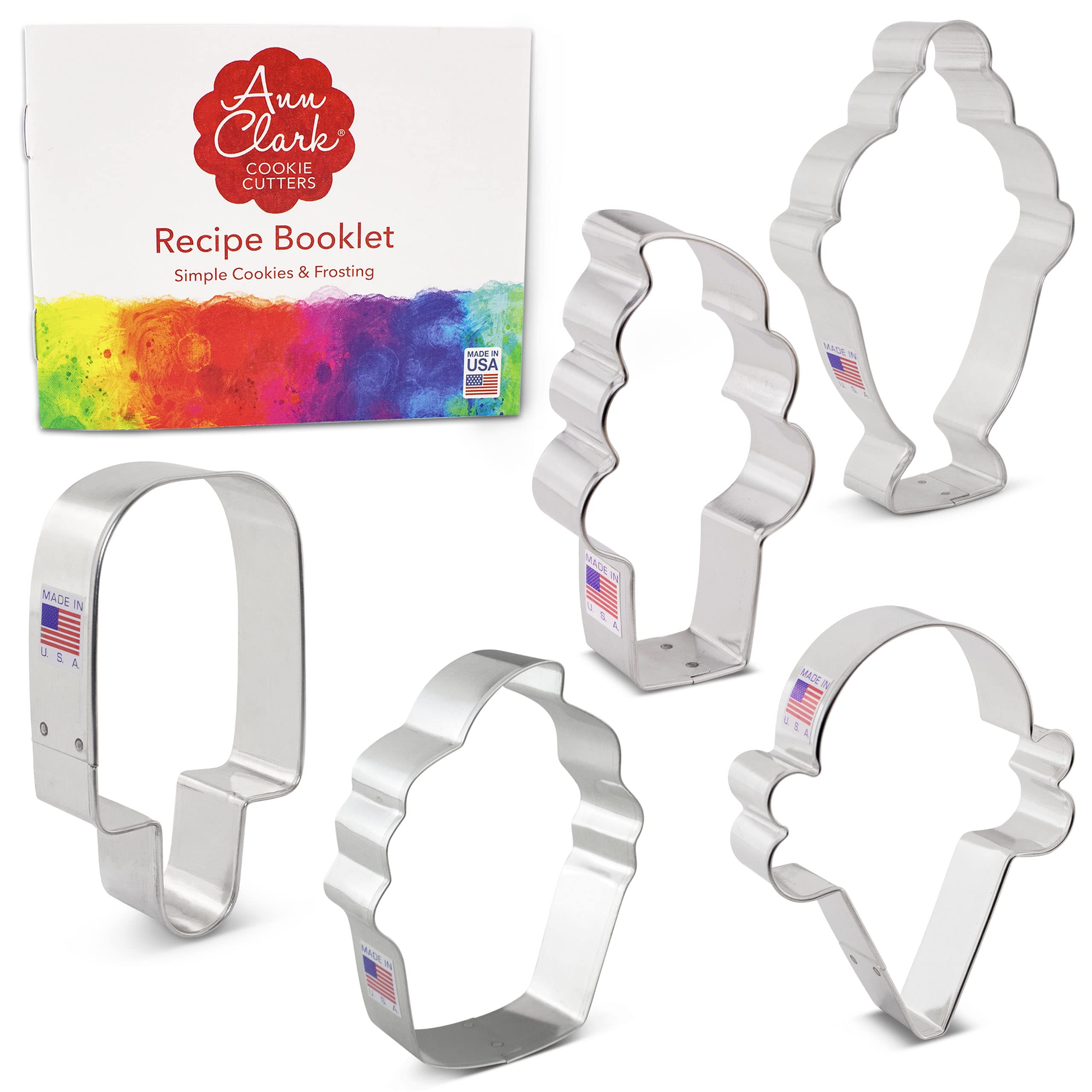 Ice Cream and Sweets Birthday Cookie Cutter 5-Pc Set Made in USA by Ann Clark, Ice Cream Cone, Soft Serve Cone, Popsicle, Ice Cream Sundae