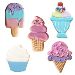 Ice Cream and Sweets Birthday Cookie Cutter 5-Pc Set Made in USA by Ann Clark, Ice Cream Cone, Soft Serve Cone, Popsicle, Ice Cream Sundae