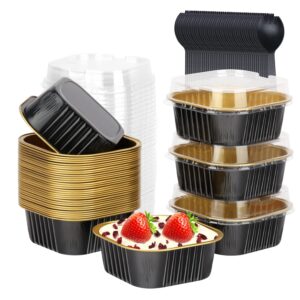10oz mini cake pans with lids 40 pack,lnyzqus aluminum foil square cupcake liners brownie baking cups,disposable 4”x4” large cupcake pan,jumbo muffin tin ramekins holders-black in gold