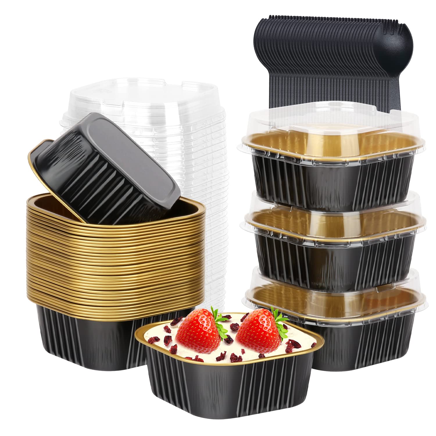 10oz Mini Cake Pans With Lids 40 Pack,LNYZQUS Aluminum Foil Square Cupcake Liners Brownie Baking Cups,Disposable 4”x4” Large Cupcake Pan,Jumbo Muffin Tin Ramekins Holders-Black In Gold