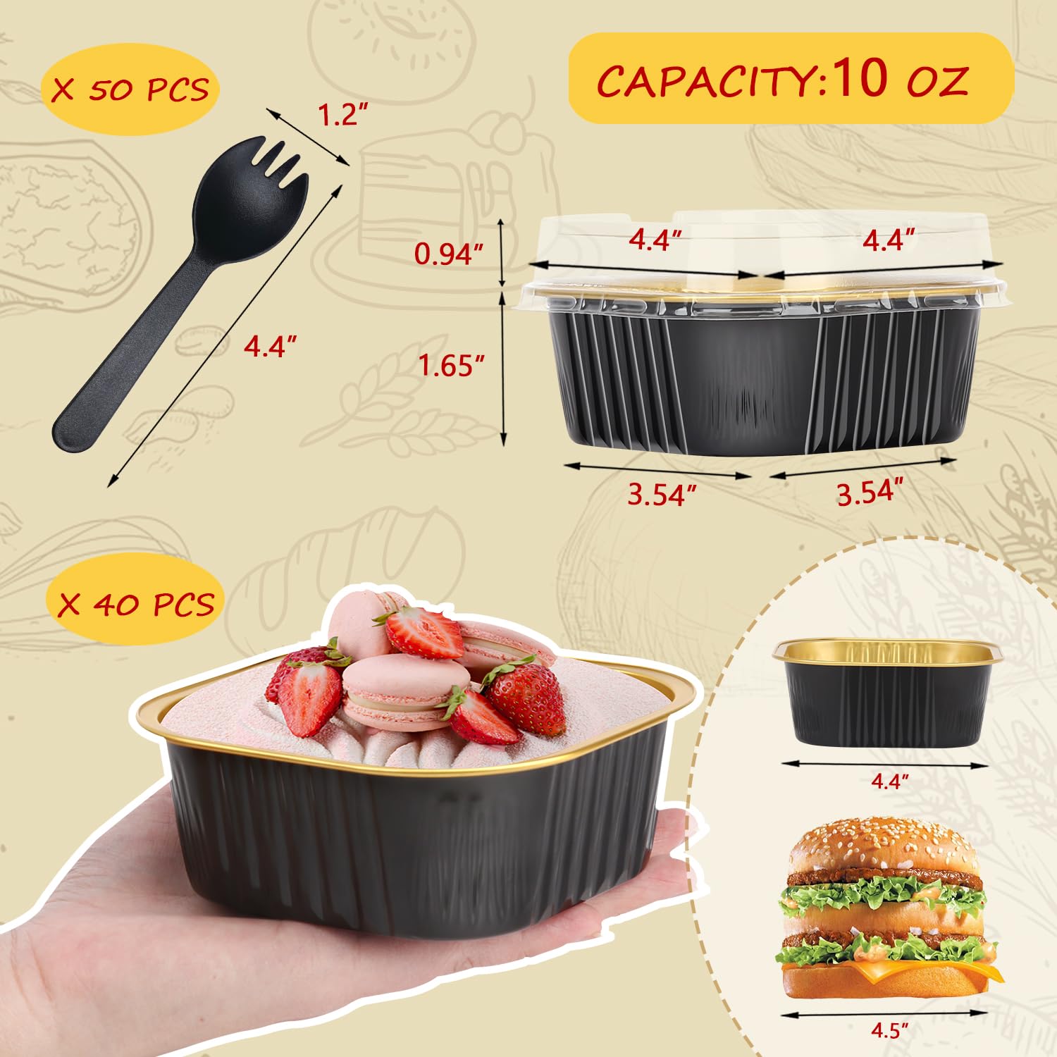 10oz Mini Cake Pans With Lids 40 Pack,LNYZQUS Aluminum Foil Square Cupcake Liners Brownie Baking Cups,Disposable 4”x4” Large Cupcake Pan,Jumbo Muffin Tin Ramekins Holders-Black In Gold