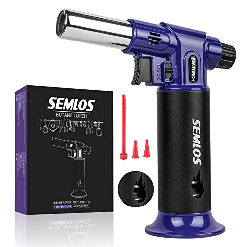 Semlos Kitchen Torch S-SW with Fuel Gauge, Refillable Butane Torch Lighter, One-handed Operation Blow Torch with Upgraded Safety Lock, Fit All Butane Tanks for Creme Brûlée, BBQ