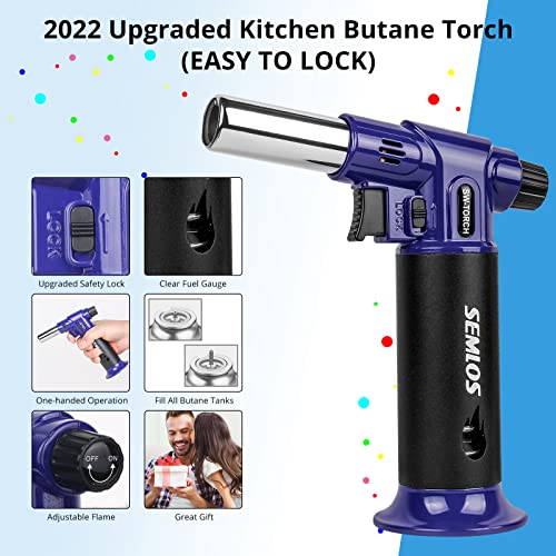 Semlos Kitchen Torch S-SW with Fuel Gauge, Refillable Butane Torch Lighter, One-handed Operation Blow Torch with Upgraded Safety Lock, Fit All Butane Tanks for Creme Brûlée, BBQ