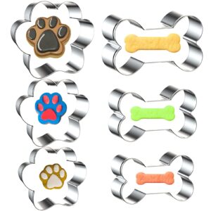 6 pcs bone and dog footprints cookie cutters set, metal 3 sizes dog bone footprints shape cookie cutters, dog theme party cookie cutter dog treats cutters molds for homemade treats and baking