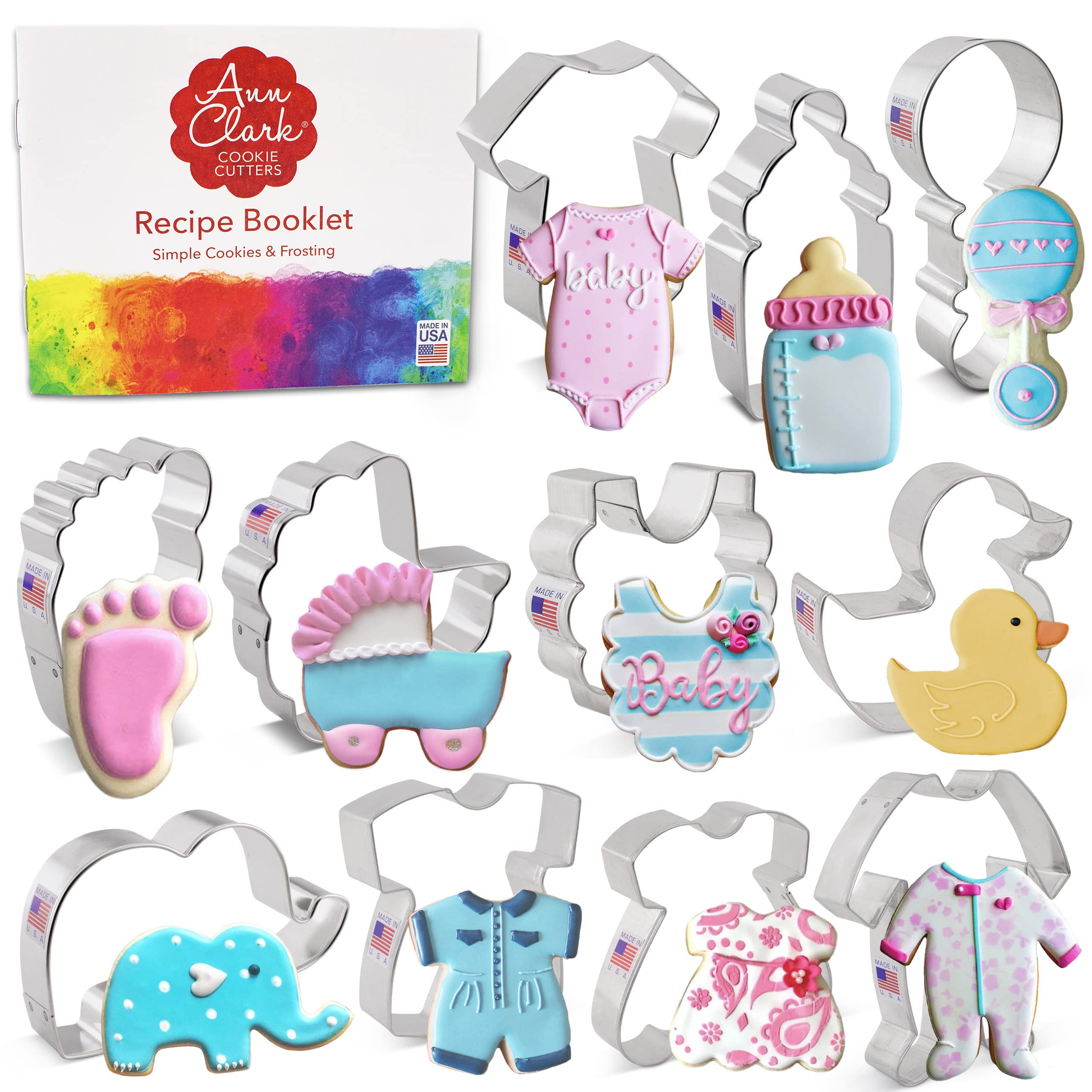 Baby Shower Cookie Cutters 11-Pc. Set Made in USA by Ann Clark, Onesie, Bib, Rattle, Bottle, Foot, Footie PJs, Dress, Duck