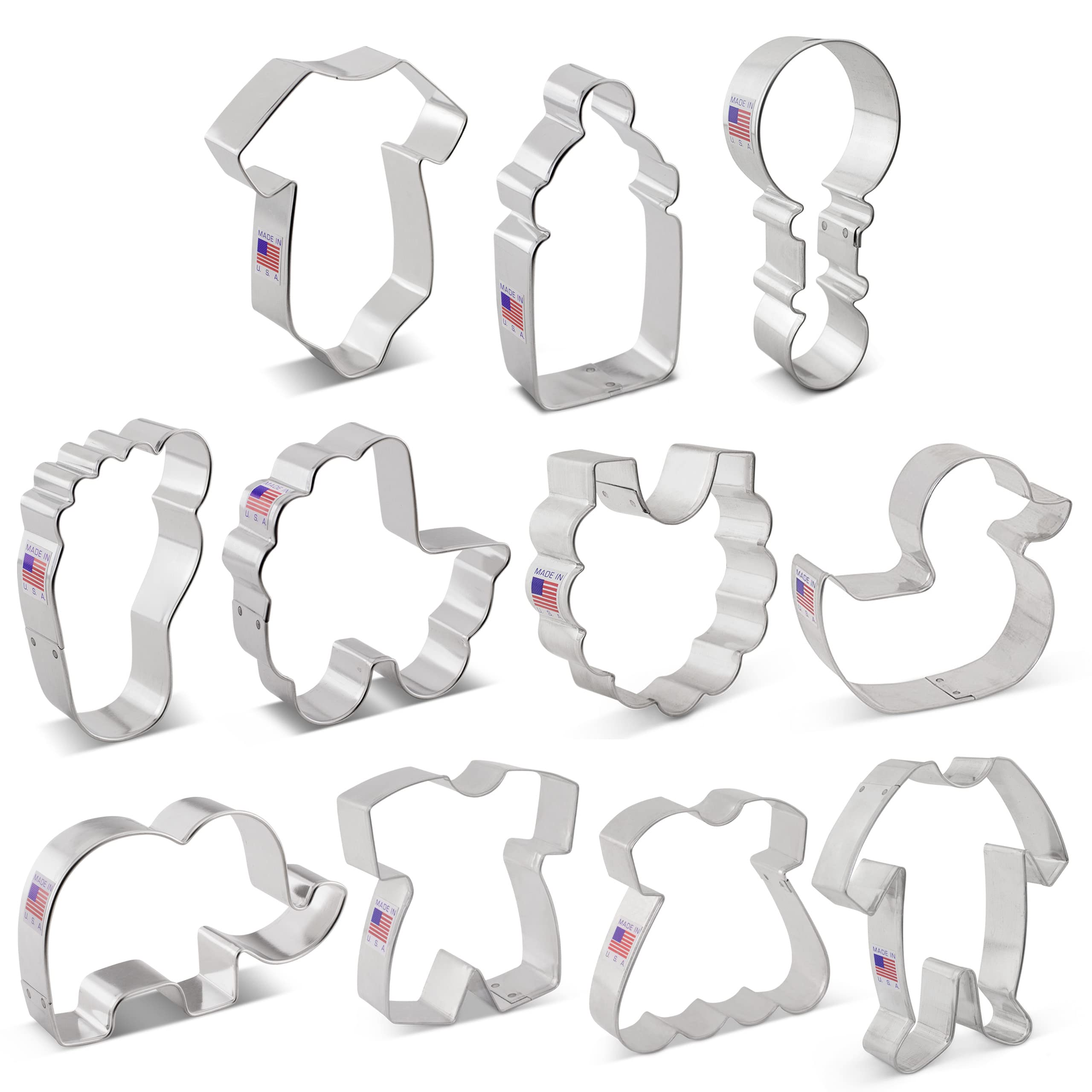 Baby Shower Cookie Cutters 11-Pc. Set Made in USA by Ann Clark, Onesie, Bib, Rattle, Bottle, Foot, Footie PJs, Dress, Duck