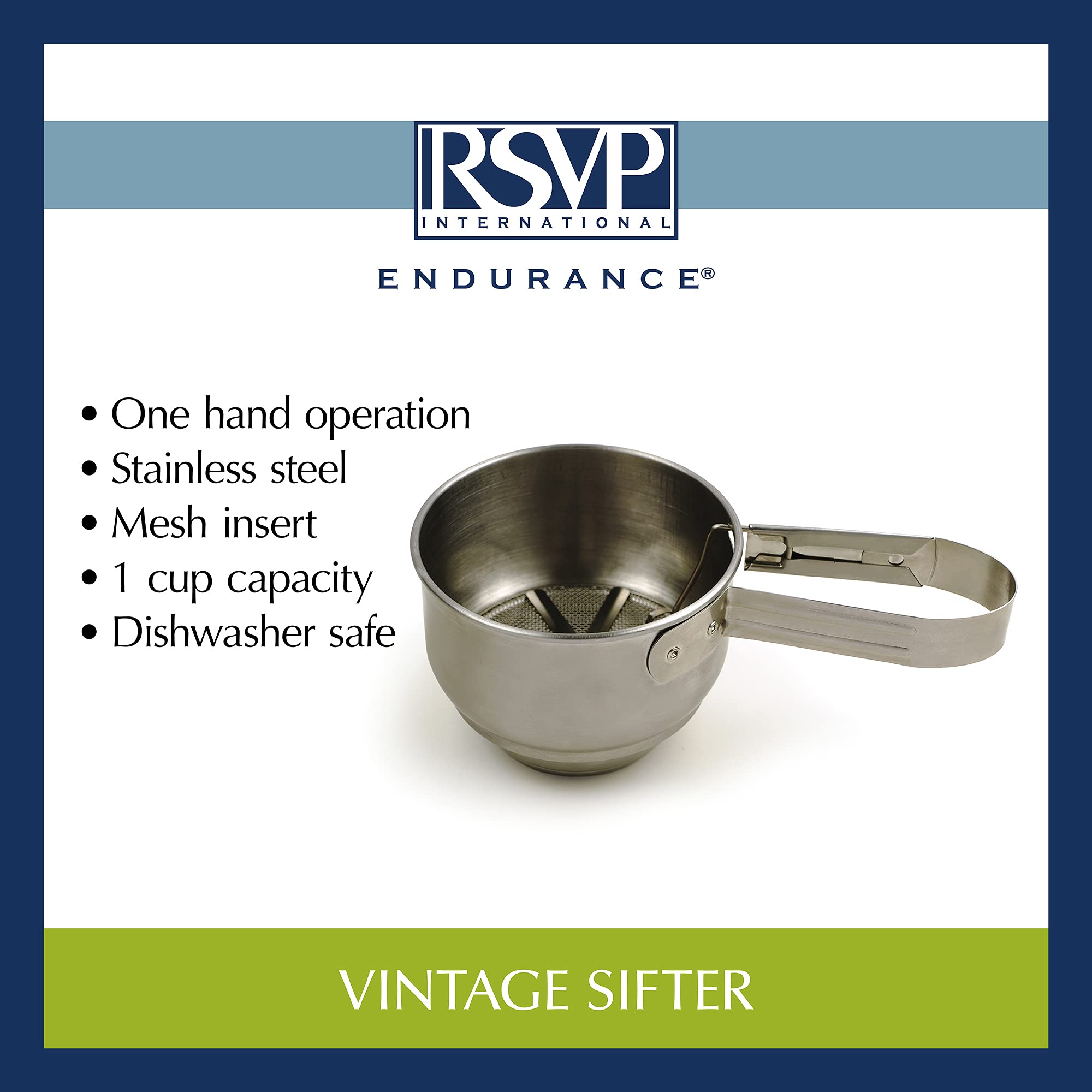 RSVP International Endurance® Stainless Steel Vintage One-Hand Sifter, 1 Cup | Top Cakes, Sift Flour, Marinade BBQ & More | Dishwasher Safe | Powder Sugar, Sift Flour, Spread Toppings & More