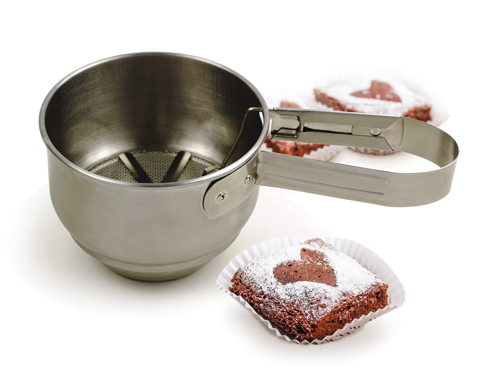 RSVP International Endurance® Stainless Steel Vintage One-Hand Sifter, 1 Cup | Top Cakes, Sift Flour, Marinade BBQ & More | Dishwasher Safe | Powder Sugar, Sift Flour, Spread Toppings & More