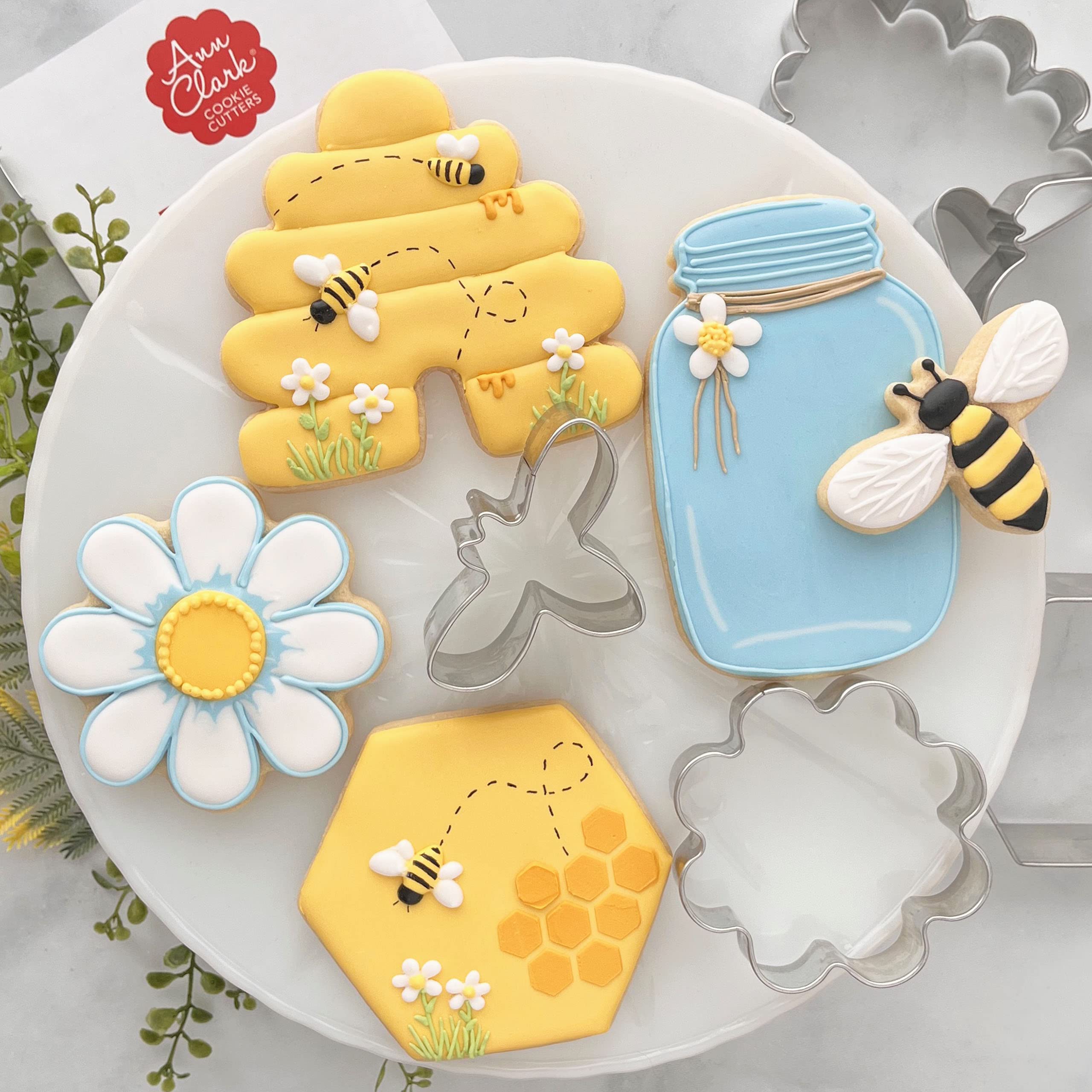 Bee Cookie Cutters 5-Pc. Set Made in the USA by Ann Clark, Bee, Beehive, Small Flower, Honeycomb, Honey Jar