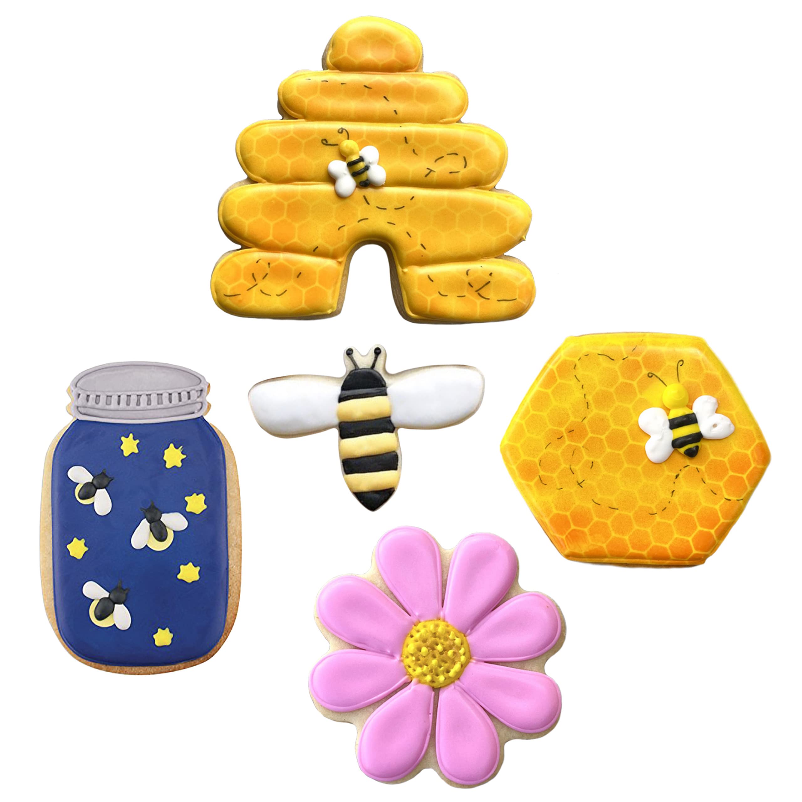 Bee Cookie Cutters 5-Pc. Set Made in the USA by Ann Clark, Bee, Beehive, Small Flower, Honeycomb, Honey Jar