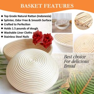 Banneton Bread Proofing Basket set-A complete Sourdough Proofing Basket kit of 9 Inch Round and 10 Inch Oval Bread Baskets with Cloth Liners Dough Scrapers Dough Whisk Bread Lame and Cleaning Brush