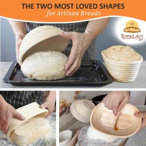 Banneton Bread Proofing Basket set-A complete Sourdough Proofing Basket kit of 9 Inch Round and 10 Inch Oval Bread Baskets with Cloth Liners Dough Scrapers Dough Whisk Bread Lame and Cleaning Brush