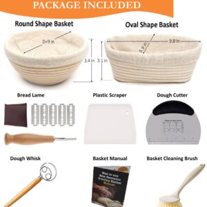 Banneton Bread Proofing Basket set-A complete Sourdough Proofing Basket kit of 9 Inch Round and 10 Inch Oval Bread Baskets with Cloth Liners Dough Scrapers Dough Whisk Bread Lame and Cleaning Brush