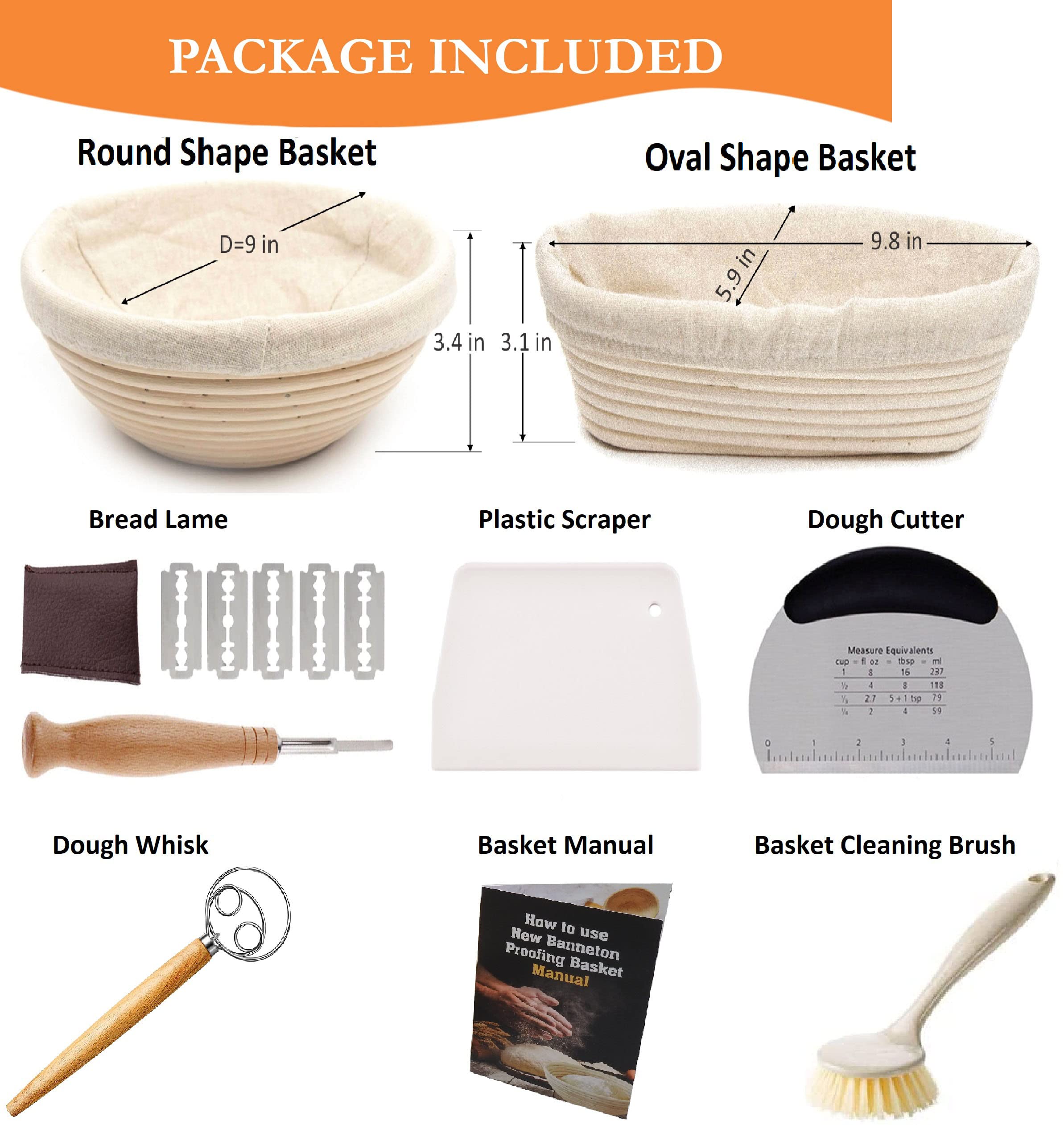 Banneton Bread Proofing Basket set-A complete Sourdough Proofing Basket kit of 9 Inch Round and 10 Inch Oval Bread Baskets with Cloth Liners Dough Scrapers Dough Whisk Bread Lame and Cleaning Brush