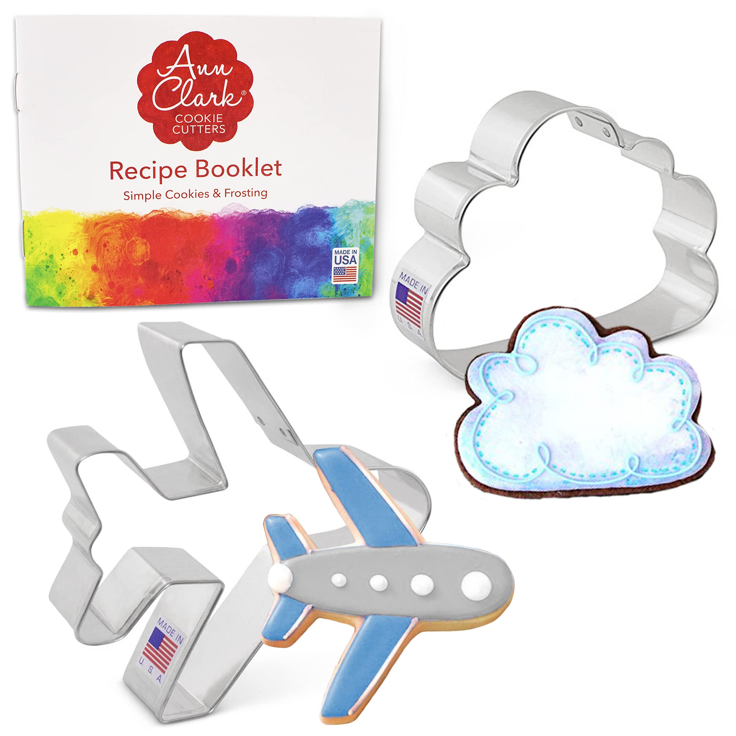 Air Travel and Flying Cookie Cutters 2-Pc Set Made in USA by Ann Clark, Airplane, Cloud