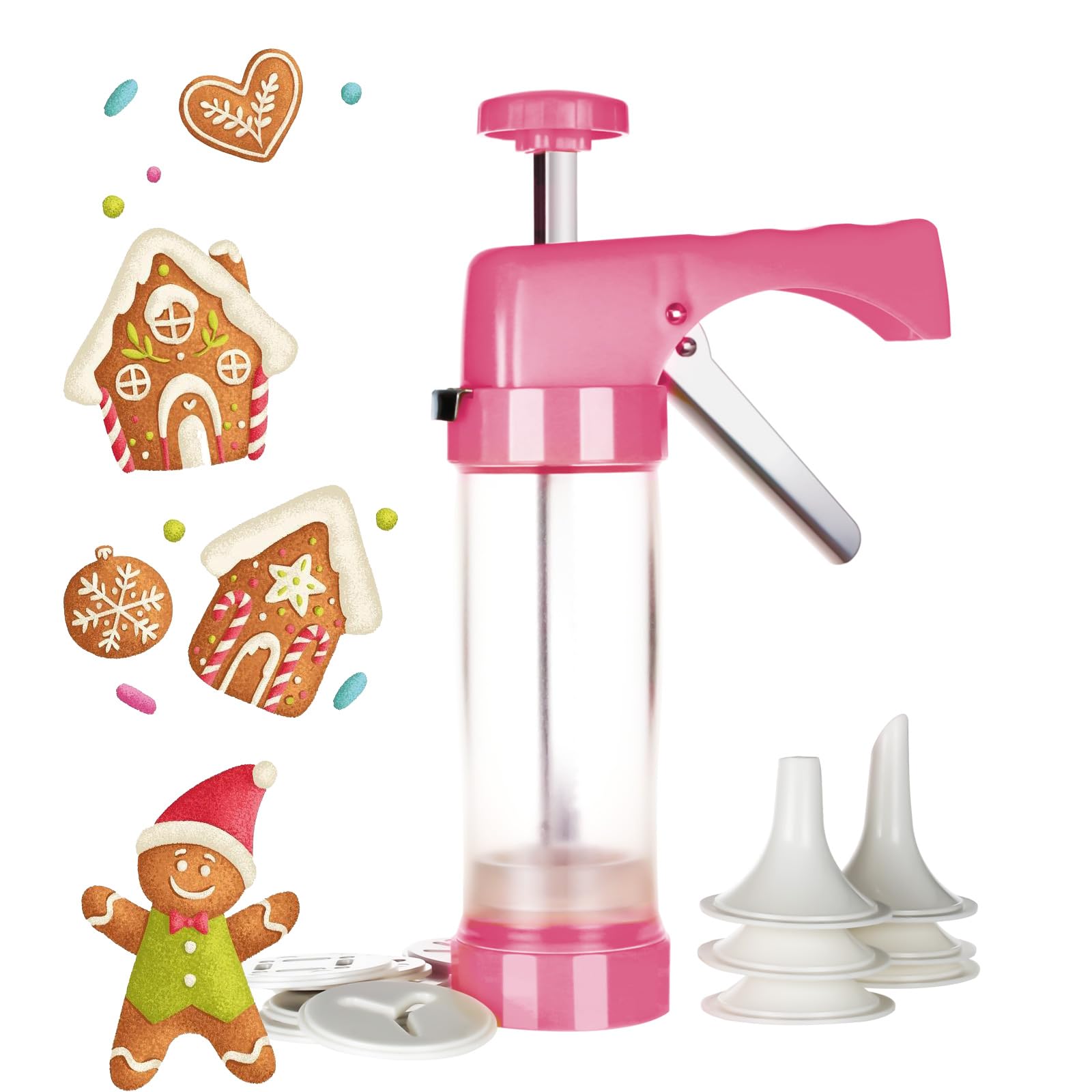 Ourokhome Cookie Press Gun Kit - Clear Tube with 16 Discs and 6 Icing Tips (Red)