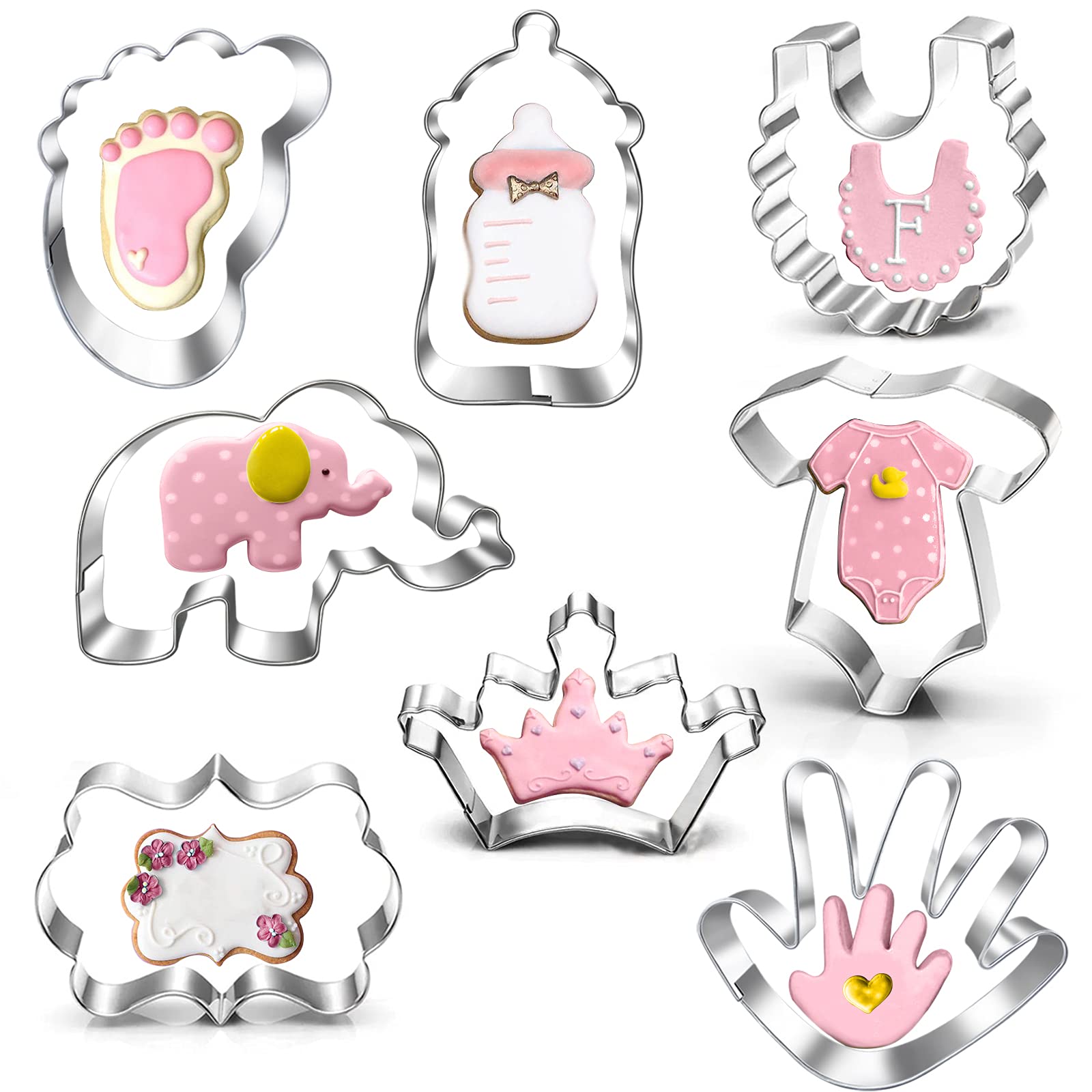 New Baby Shower Cookie Cutter Set-8 Piece- Onesie, Bib, Bottle,Elephant, Crown, Baby Foot Print, Baby Hand and Plaque Cookie Cutter Molds for Baby Shower Party Favors supplies.