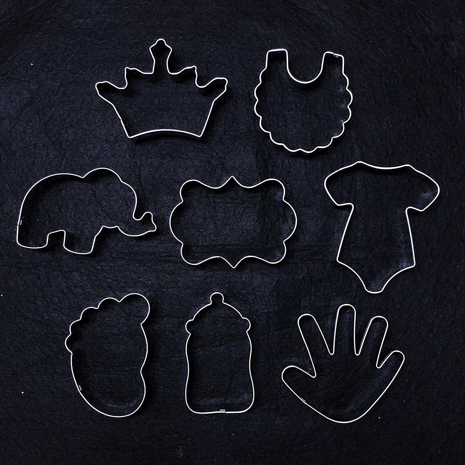 New Baby Shower Cookie Cutter Set-8 Piece- Onesie, Bib, Bottle,Elephant, Crown, Baby Foot Print, Baby Hand and Plaque Cookie Cutter Molds for Baby Shower Party Favors supplies.