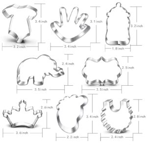 New Baby Shower Cookie Cutter Set-8 Piece- Onesie, Bib, Bottle,Elephant, Crown, Baby Foot Print, Baby Hand and Plaque Cookie Cutter Molds for Baby Shower Party Favors supplies.