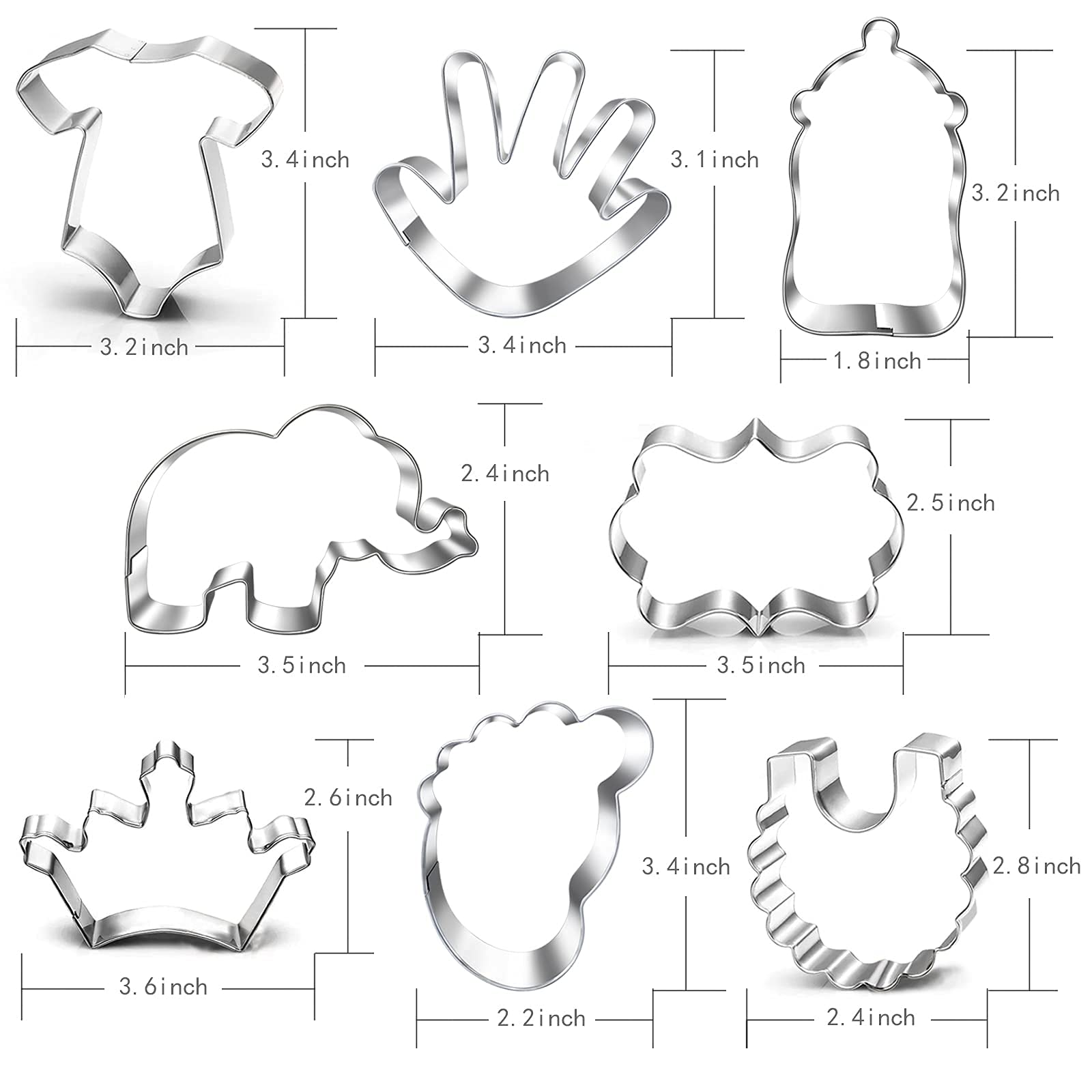 New Baby Shower Cookie Cutter Set-8 Piece- Onesie, Bib, Bottle,Elephant, Crown, Baby Foot Print, Baby Hand and Plaque Cookie Cutter Molds for Baby Shower Party Favors supplies.