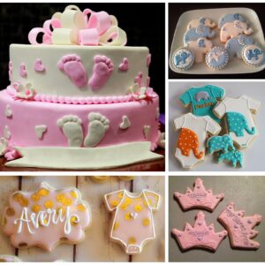 New Baby Shower Cookie Cutter Set-8 Piece- Onesie, Bib, Bottle,Elephant, Crown, Baby Foot Print, Baby Hand and Plaque Cookie Cutter Molds for Baby Shower Party Favors supplies.