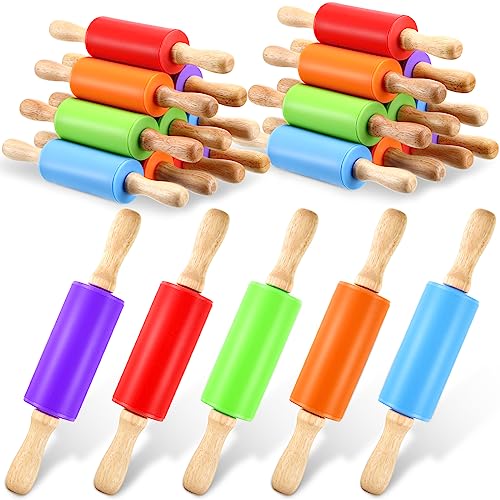 10 Pcs Small Rolling Pin Kids 9 Inch Mini Rolling Pin Silicone Wooden Rolling Pins Baking 5 Colors Non Stick Kids Rolling Pin with Wooden Handle for Kitchen Dough Cookie Pastry Fondant Cake