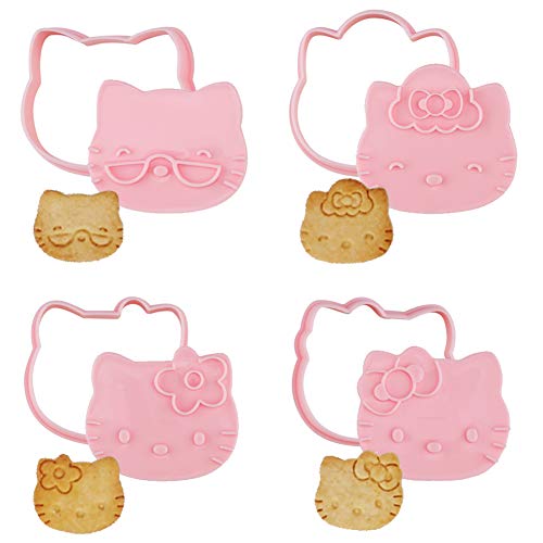 CHEFMADE Hello Kitty Cookie Cutter, 2-Inch 4Pcs Cute Cat-Shaped Plastic Biscuit Pastry Decorating Mold with Handle for Bakeware Tool (Pink)