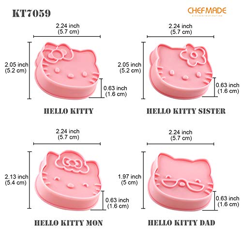 CHEFMADE Hello Kitty Cookie Cutter, 2-Inch 4Pcs Cute Cat-Shaped Plastic Biscuit Pastry Decorating Mold with Handle for Bakeware Tool (Pink)