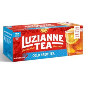 luzianne cold brew black tea bags, family size, unsweetened, 22 count box, specially blended for cold brew in water, clear & refreshing home brewed southern iced tea