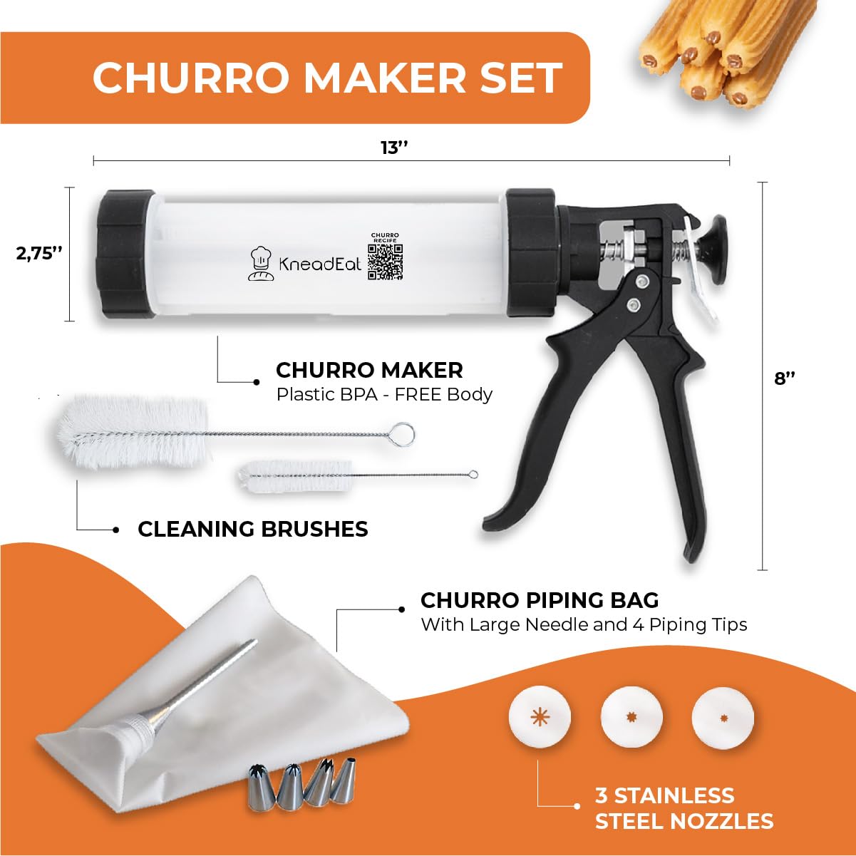 KneadEat Churro Maker Professional Churrera - Churros Gun Kit Set. Includes a Piping Bag with a Large Needle. QR e-recipe included (Gun 1lb)
